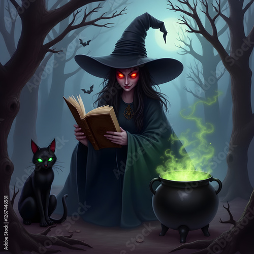 The witch’s long, tattered cloak billows in the cold night air, and she clutches a bubbling cauldron that glows with eerie green light, casting ghostly reflections onto the gnarled tree trunks.