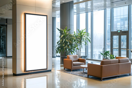 Vertical light box in a corporate office lobby, great for professional communications.