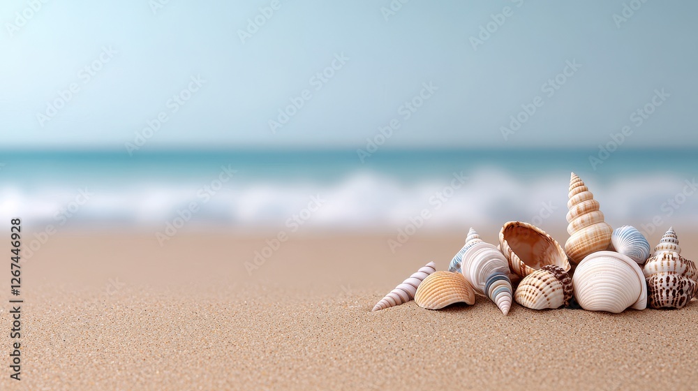 A serene beach scene featuring a collection of colorful seashells resting on soft sand, with gentle waves in the background. A serene beach scene featuring a collection of colorful seashells resting on soft sand, with gentle waves in the background.