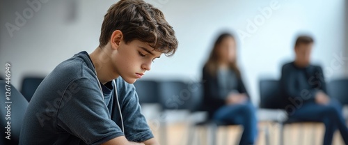 Sad teen sits alone, blurred adults in background, waiting room. Therapy, counseling concept