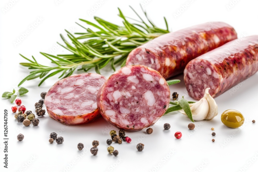 Discover the flavors and textures of kielbasa sausage on a pristine white background showcasing its artistry and culinary potential Discover the flavors and textures of kielbasa sausage on a pristine white background showcasing its artistry and culinary potential