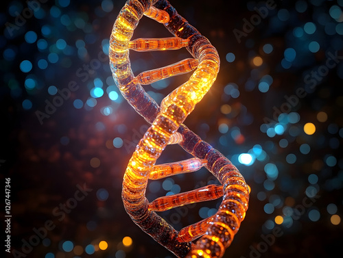 A vibrant, three-dimensional rendering of a DNA double helix glows against a dark, bokeh-filled background. The helix displays intricate detail, suggesting scientific exploration and genetic code. photo