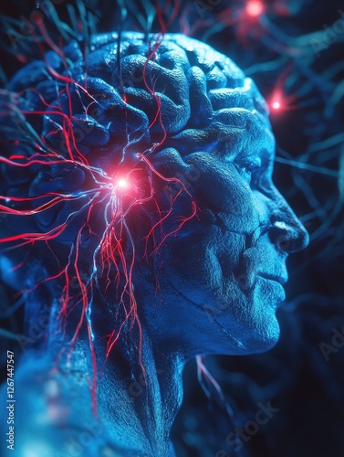 Vagus Nerve Stimulation with glowing blue roots and electrical currents emanating from a human brain. photo