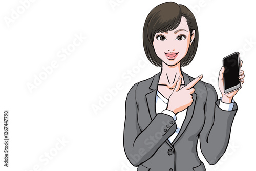 笑顔でスマホを指差すポーズ_スーツ姿の若い女性_正面_胸像.eps