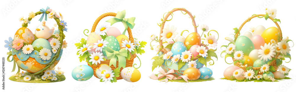 Delicate Easter Basket with Daisies, Eggs, and Ribbons on Transparent Background Delicate Easter Basket with Daisies, Eggs, and Ribbons on Transparent Background