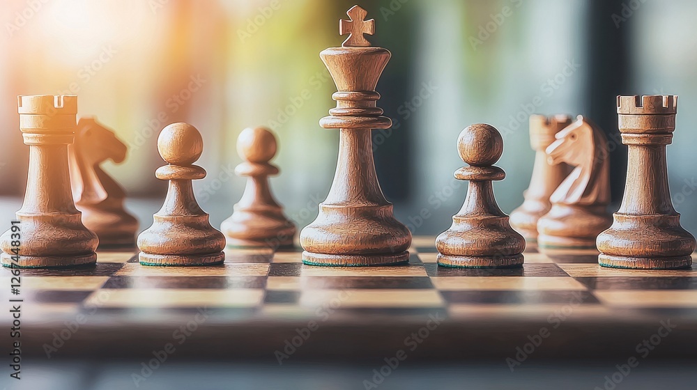 A close-up view of a wooden chess set on a board, featuring various pieces like the king, queen, and pawns, illuminated by natural light. A close-up view of a wooden chess set on a board, featuring various pieces like the king, queen, and pawns, illuminated by natural light.