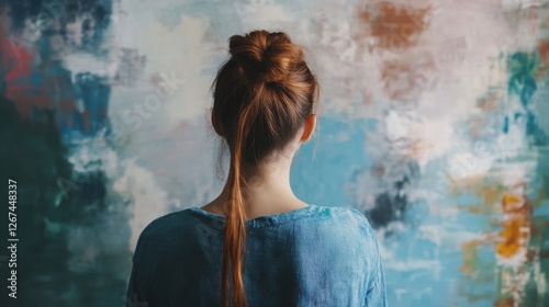 Rear view of a woman testing different paint shades over the wall.