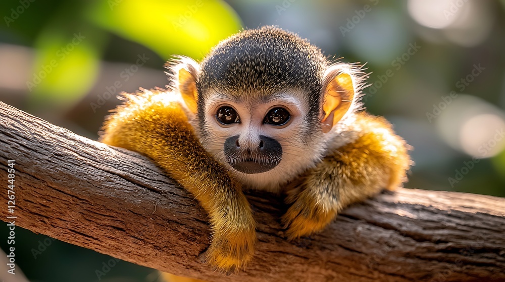 Obraz premium Adorable Squirrel Monkey on Branch, Rainforest, Sunlight
