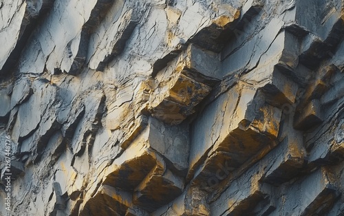 Close-up of rough rock formation with distinct layers, cracks, and striations in natural shades of grey and yellow for geological textures and abstract design inspiration photo