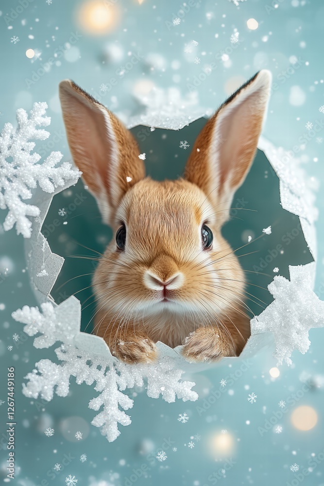 rabbit with big, round eyes and a sweet expression peers out of a hole in a paper snowflake