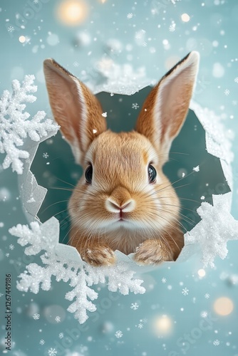 Obraz na płótnie rabbit with big, round eyes and a sweet expression peers out of a hole in a paper snowflake w salonie