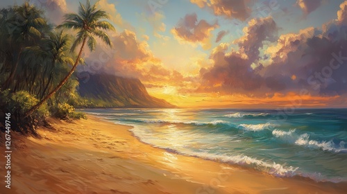 Vivid Hawaiian Sunset with Peaceful Beach Scene