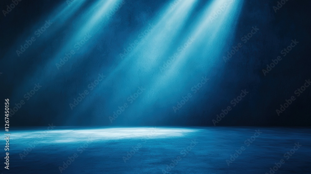 Fototapeta premium A dark stage illuminated by blue light beams, creating a dramatic and ethereal atmosphere suitable for performances or events.