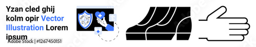 Blue shield icon with a healthcare cross, symbolic checkmark, abstract black shapes, and a minimalist hand gesture. Ideal for technology, healthcare, security, approval, teamwork design flat
