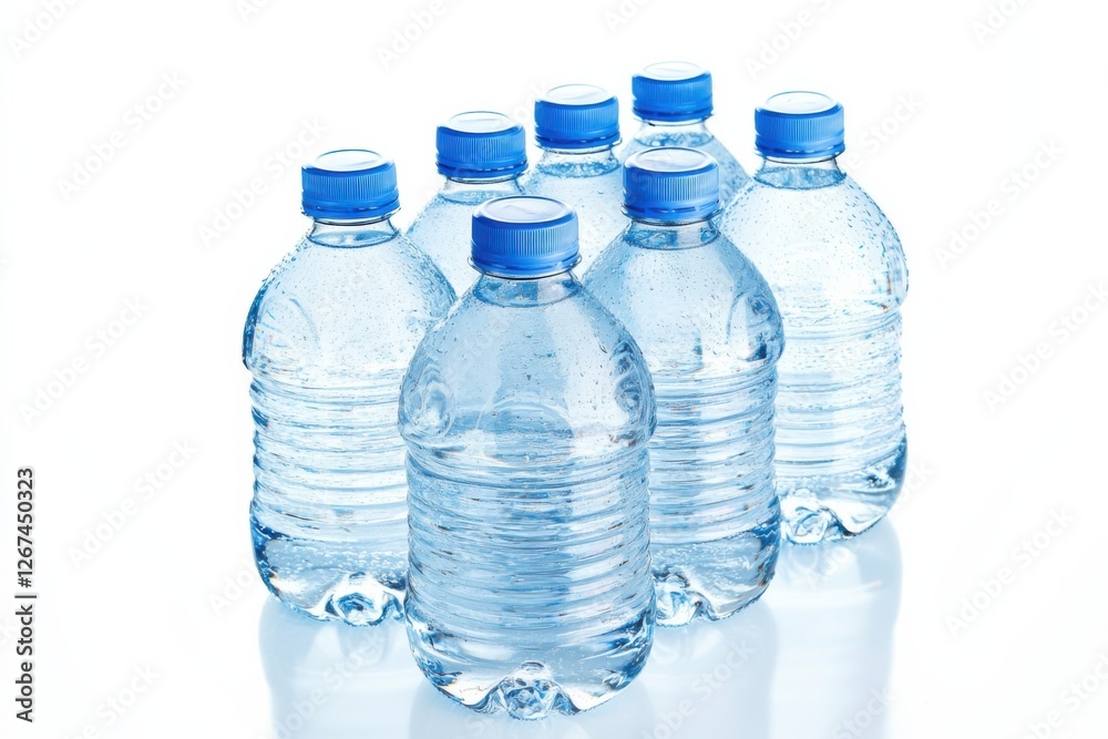 Refreshing mineral water bottles arranged on a clean white surface with bright lighting for a clean aesthetic Refreshing mineral water bottles arranged on a clean white surface with bright lighting for a clean aesthetic