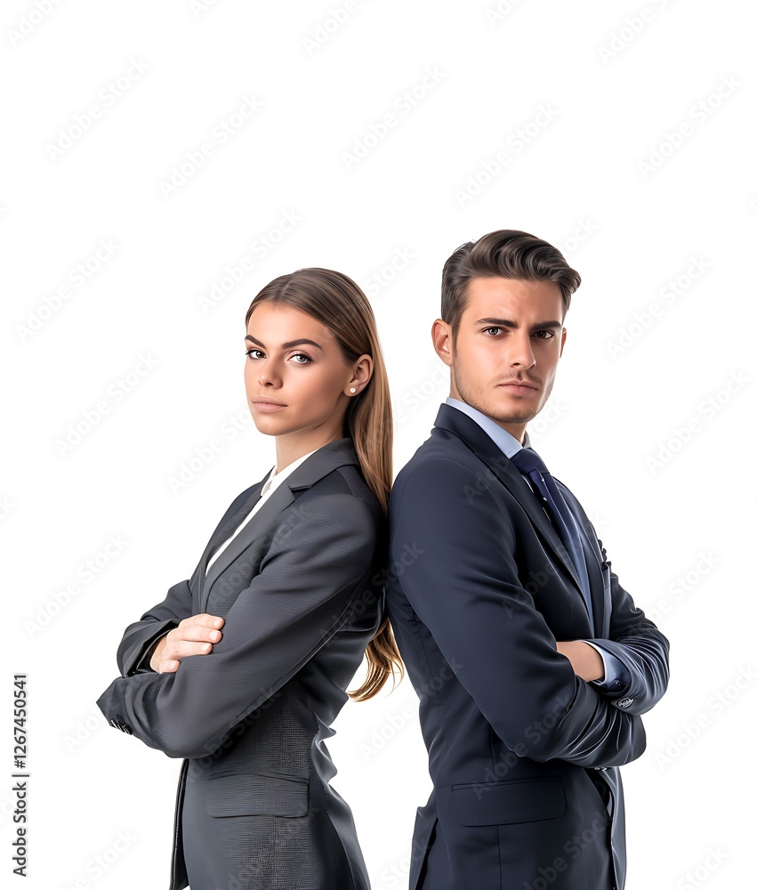 Confident Business Professionals Standing Back to Back in Studio on White Background Confident Business Professionals Standing Back to Back in Studio on White Background