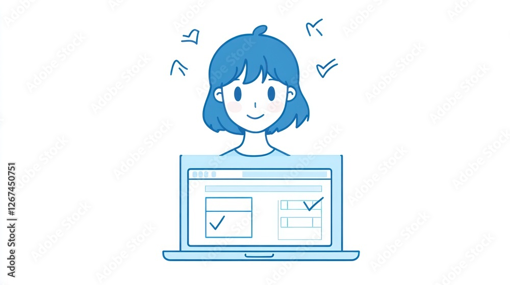 Woman completing online tasks, happy, laptop, checklist, white background, website design