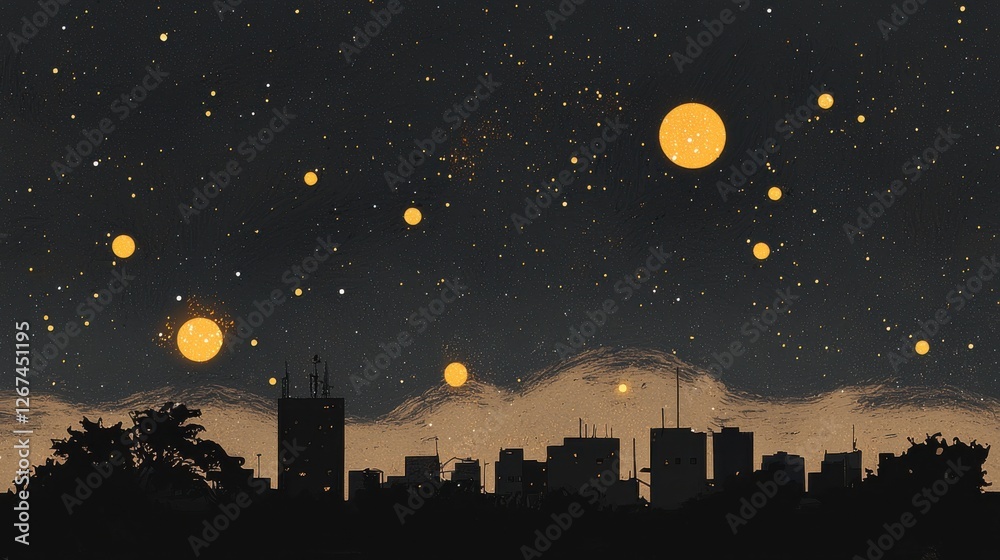 Nighttime cityscape with stars and rising suns urban landscape digital illustration calm atmosphere low angle dreamy vision Nighttime cityscape with stars and rising suns urban landscape digital illustration calm atmosphere low angle dreamy vision