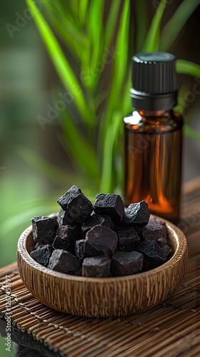 Dark volcanic aroma rocks arranged in a bamboo dish with an essential oil bottle beside it creating a tranquil zen inspired earthy composition with soft tones and negative space for copy space