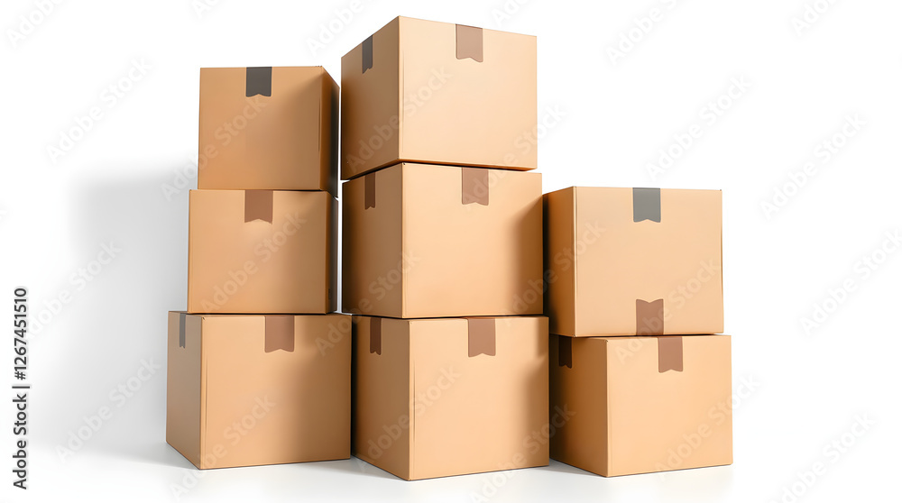 Fototapeta premium Stacked cardboard boxes ready for shipping on white background