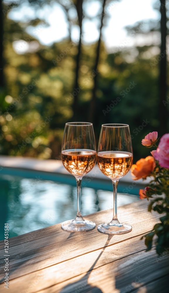 two glasses of rose wine sit on the wooden deck of a secluded swimming pool, nestled among tall trees and colorful flowers