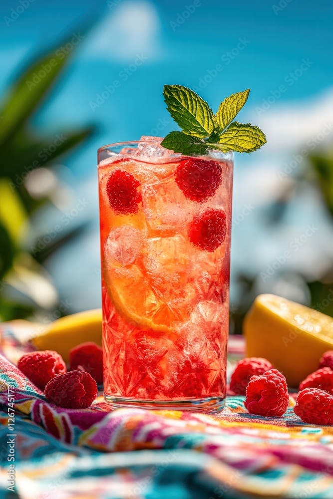 summer picnic scene featuring a tall glass of raspberry lemonade cocktail with ice cubes, fresh raspberries, and a sprig of mint