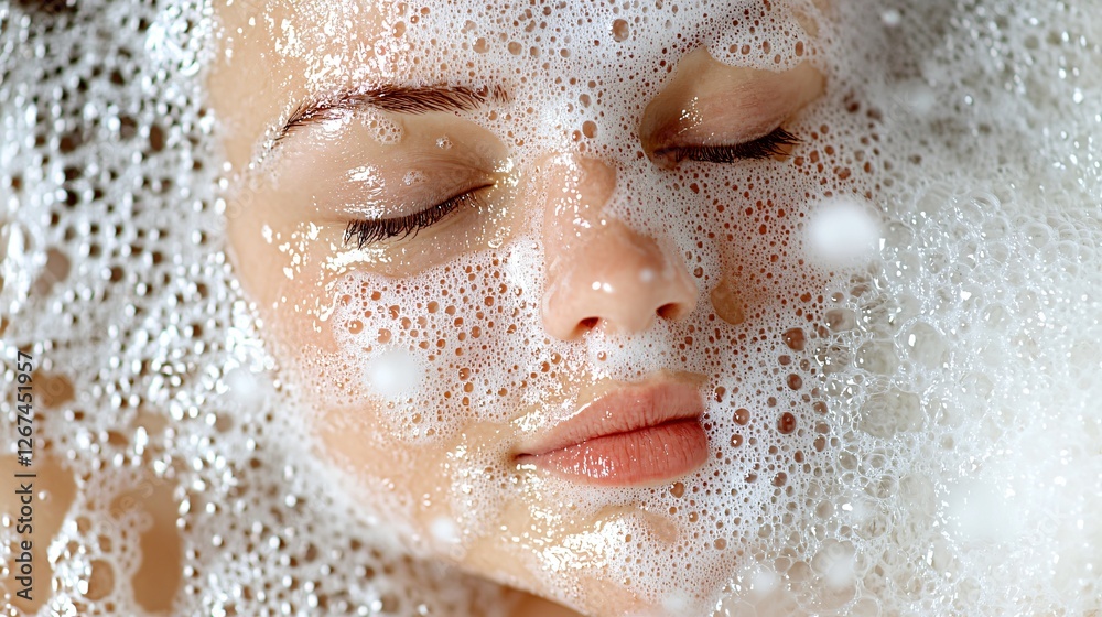 Woman relaxing in bubble bath, skincare routine Woman relaxing in bubble bath, skincare routine