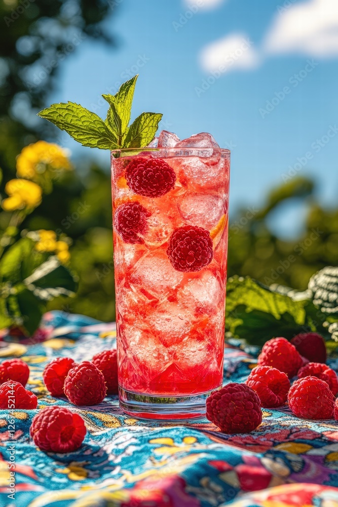 summer picnic scene featuring a tall glass of raspberry lemonade cocktail with ice cubes, fresh raspberries, and a sprig of mint