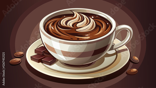 A luxurious dark chocolate mocha in a white ceramic cup, with a deep chocolate brown background to match the drink