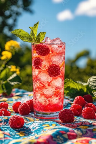 Obraz na płótnie summer picnic scene featuring a tall glass of raspberry lemonade cocktail with ice cubes, fresh raspberries, and a sprig of mint w salonie