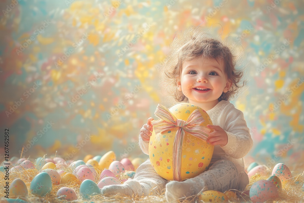 warm and fuzzy depiction of a toddler sitting at an Easter egg hunt, surrounded by a pile of brightly colored eggs