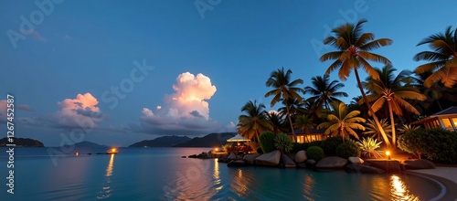 Tropical beach at night with illuminated palm trees, a small house, and a calm ocean reflecting the moonlight.