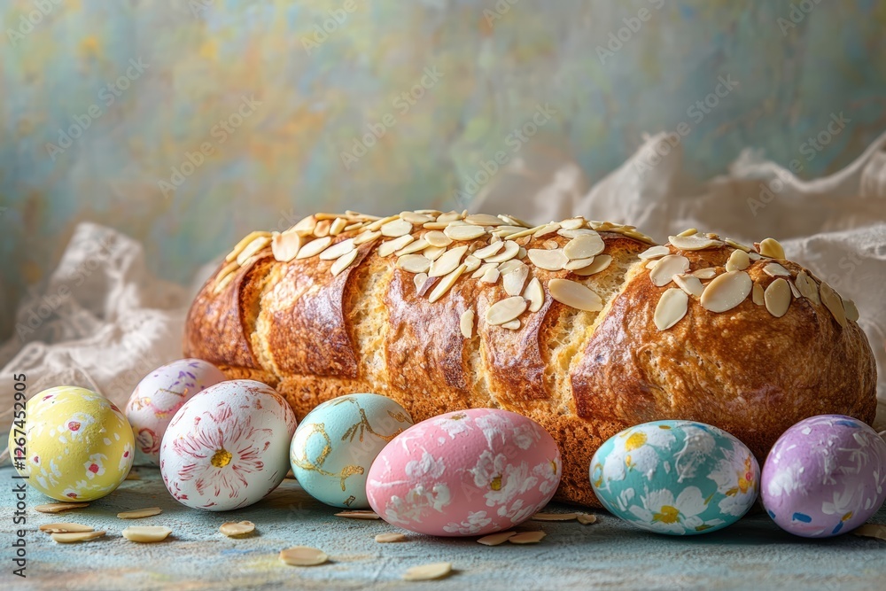 tsoureki Easter loaf with sliced almonds and painted Easter eggs