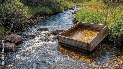 Wooden sluice box in mountain stream for gold panning, filtering, or irrigation