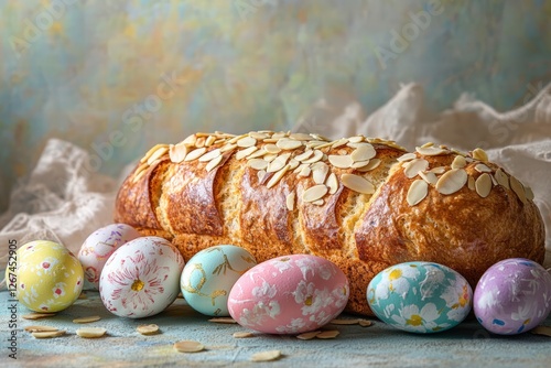 Obraz na płótnie tsoureki Easter loaf with sliced almonds and painted Easter eggs w salonie