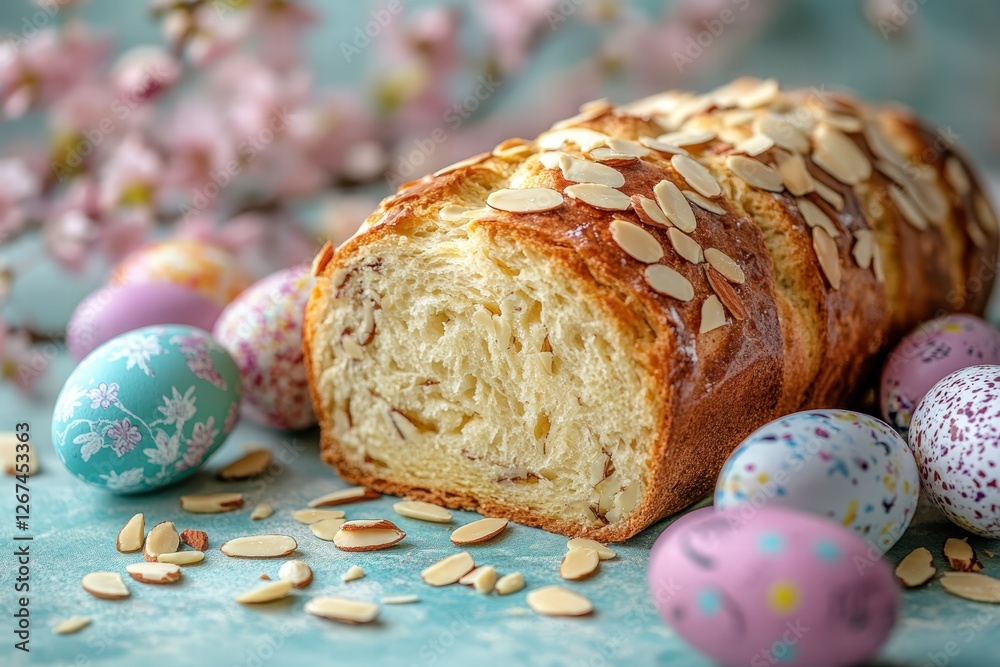 tsoureki Easter loaf with sliced almonds and painted Easter eggs