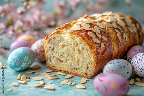 Obraz na płótnie tsoureki Easter loaf with sliced almonds and painted Easter eggs w salonie