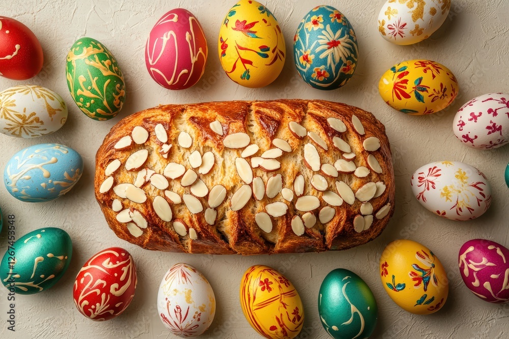 tsoureki Easter loaf with sliced almonds and painted Easter eggs