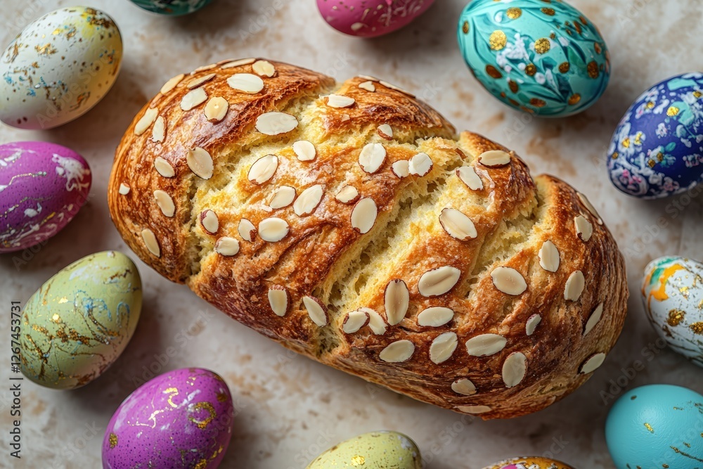 tsoureki Easter loaf with sliced almonds and painted Easter eggs