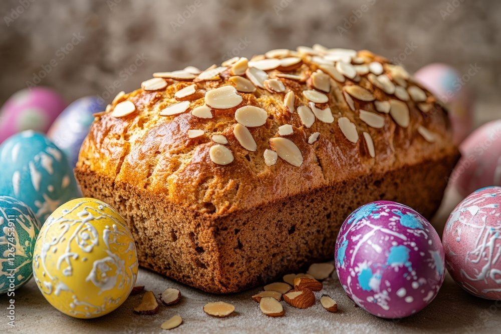 tsoureki Easter loaf with sliced almonds and painted Easter eggs