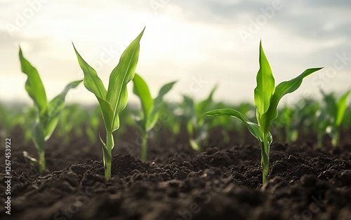Young green corn seedlings growing in fertile soil at sunrise with warm natural light in high-resolution agricultural photography