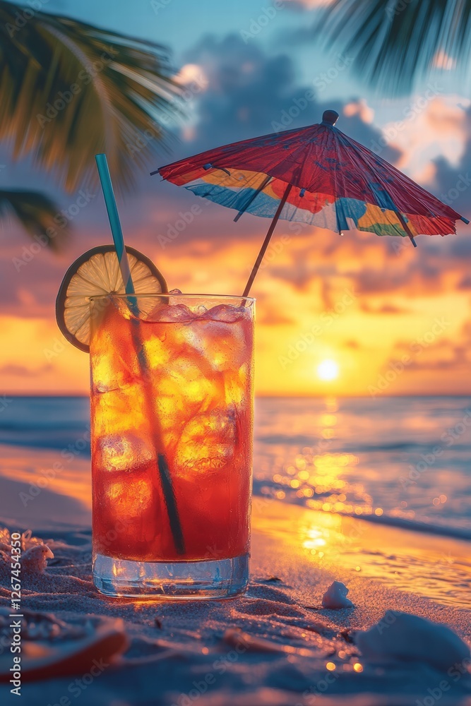 tropical drink with colorful umbrellas on a sandy beach at sunset, surrounded by palm trees and gently swaying sea breeze