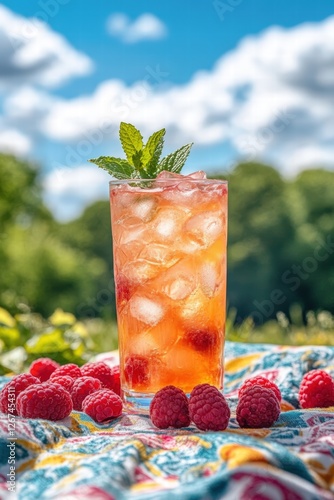 Obraz na płótnie summer picnic scene featuring a tall glass of raspberry lemonade cocktail with ice cubes, fresh raspberries, and a sprig of mint w salonie