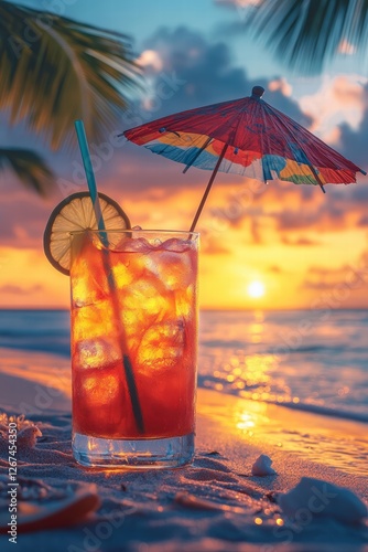 Obraz na płótnie tropical drink with colorful umbrellas on a sandy beach at sunset, surrounded by palm trees and gently swaying sea breeze w salonie