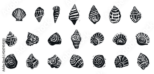 Set of linocut hand-drawn seashells in black ink style, featuring different shell species with intricate patterns and textures, isolated on transparent background