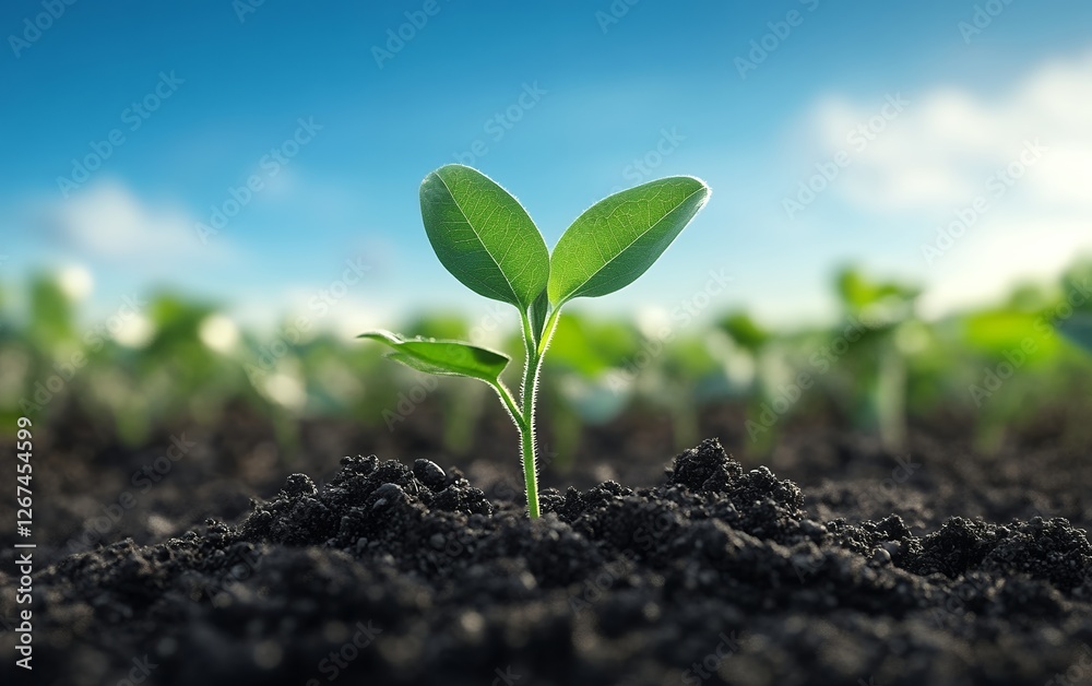 Fototapeta premium Close-up of green seedling sprouting from dark soil with sunlight shining through the leaves in a vibrant agricultural field