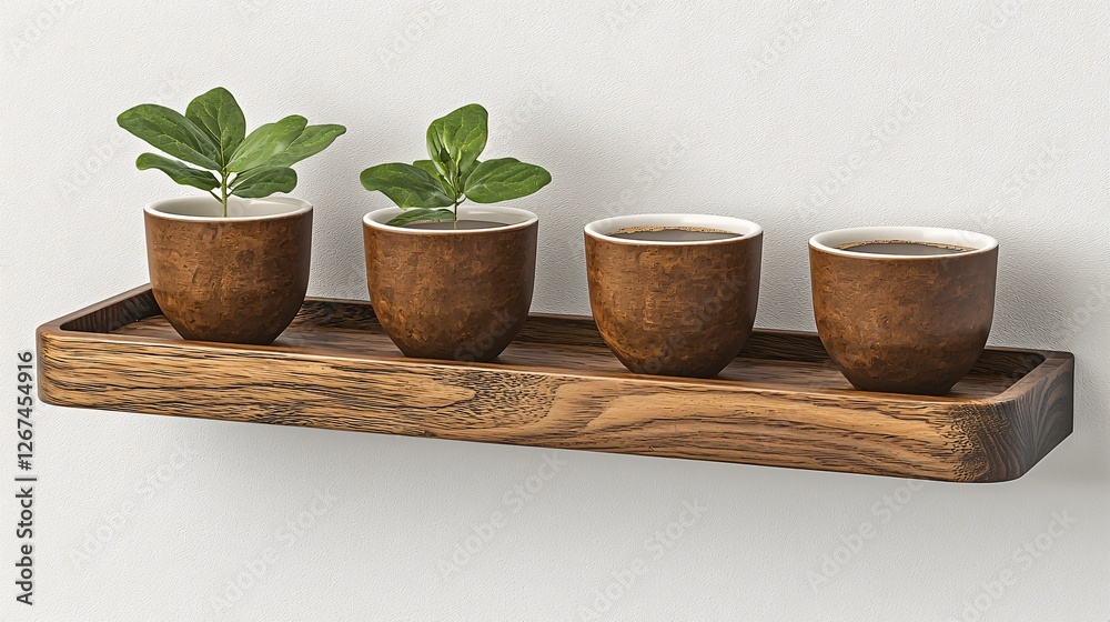 Fototapeta premium Wooden shelf with plants and coffee cups