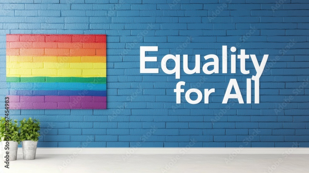 Obraz premium Colorful rainbow flag on a blue wall with the phrase 