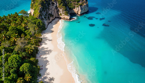 Aerial view of hidden beach, serene atmosphere, turquoise water, lush greenery