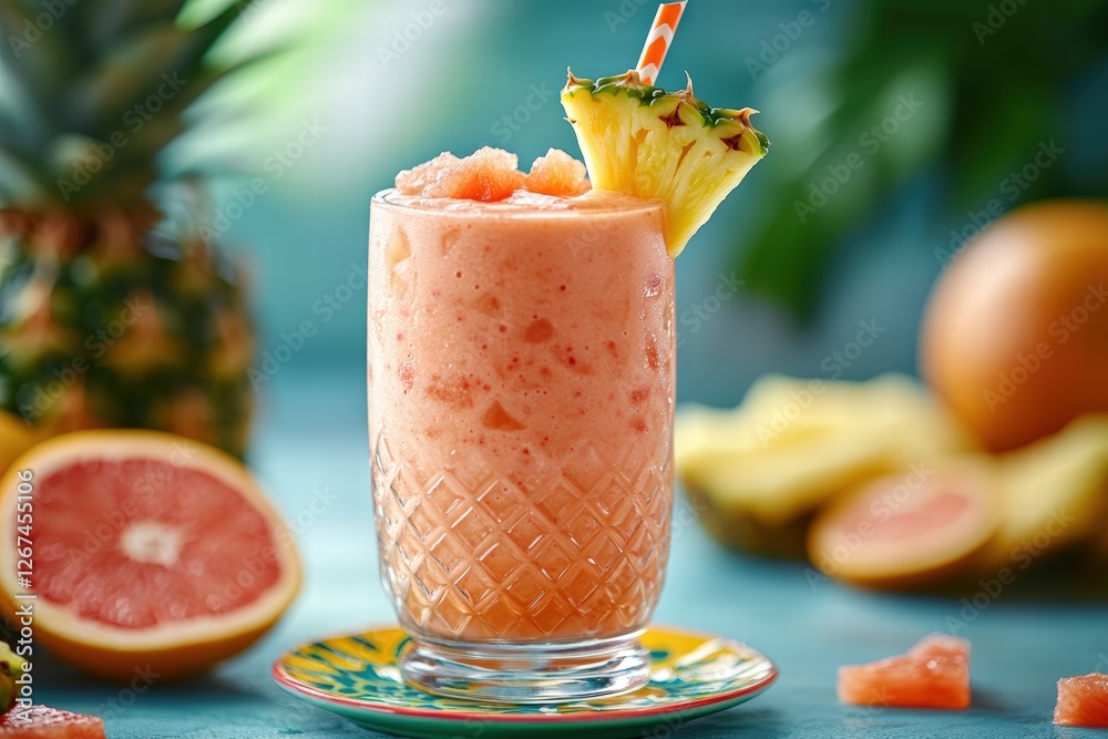 tropical blend of pineapple-grapefruit smoothie served in a colorful glass with an orange straw and garnished with fresh fruit wedges